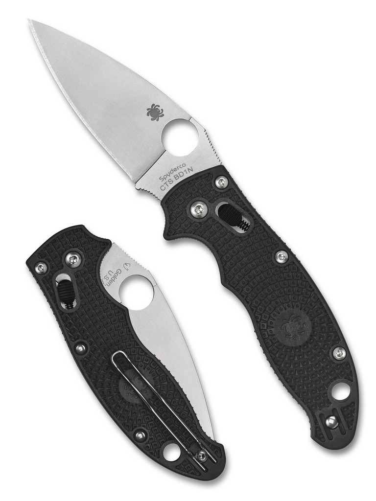 Spyderco Manix 2 Lightweight folding knife with thumb hole - shown both open presentation side and closed pocket clip side.  CTS-BD1N stainless steel plain edge blade.  Black FRCP handle.  Model C101PBK2.