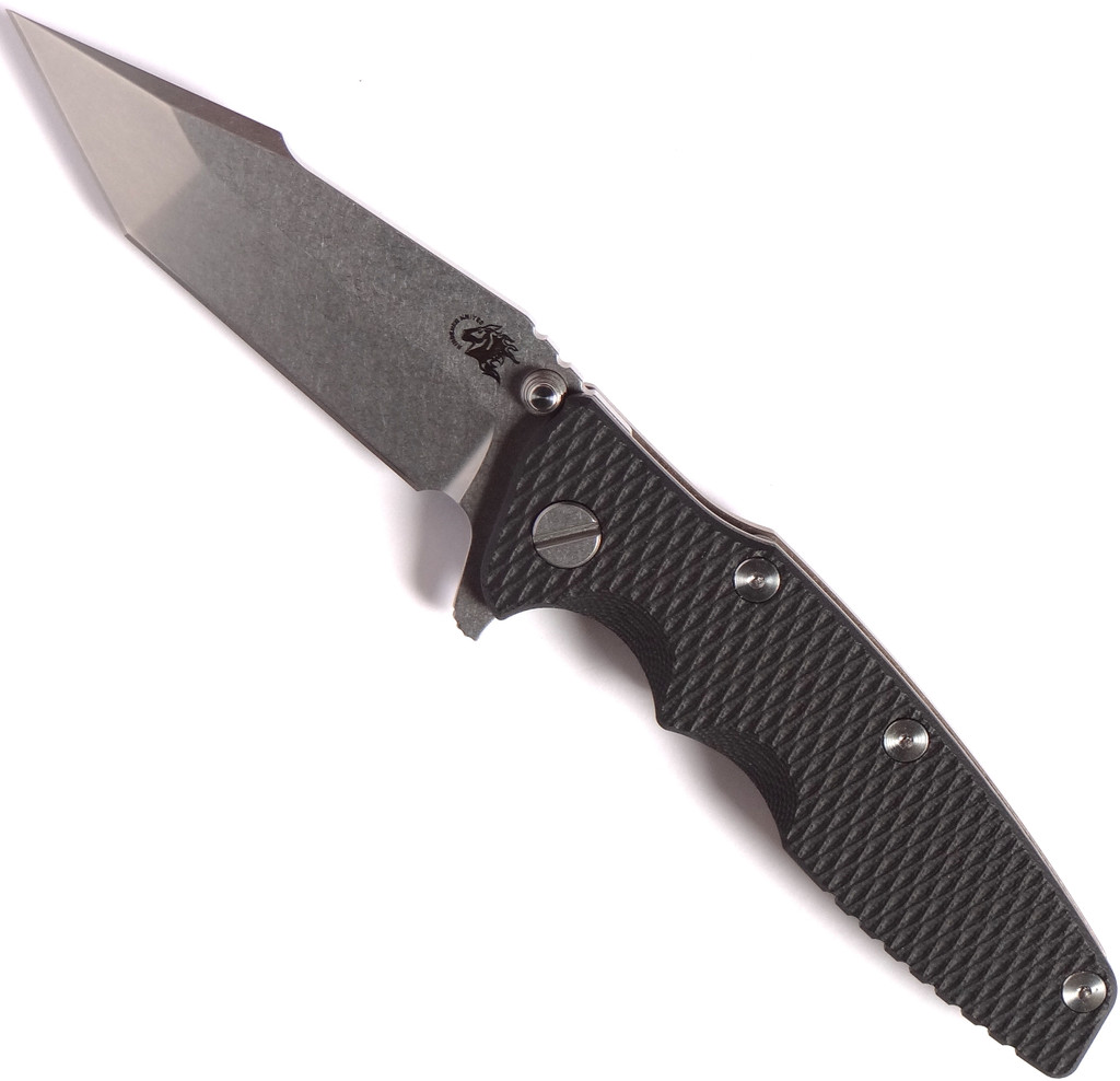 Rick Hinderer Knives Eklipse Harpoon Tanto folding knife with thumb stud and flipper tab - shown open presentation side.  Stonewash 20CV stainless steel plain edge blade.  Black G-10 handle with stonewash bronze lock side.  Model K4054SGS00.
