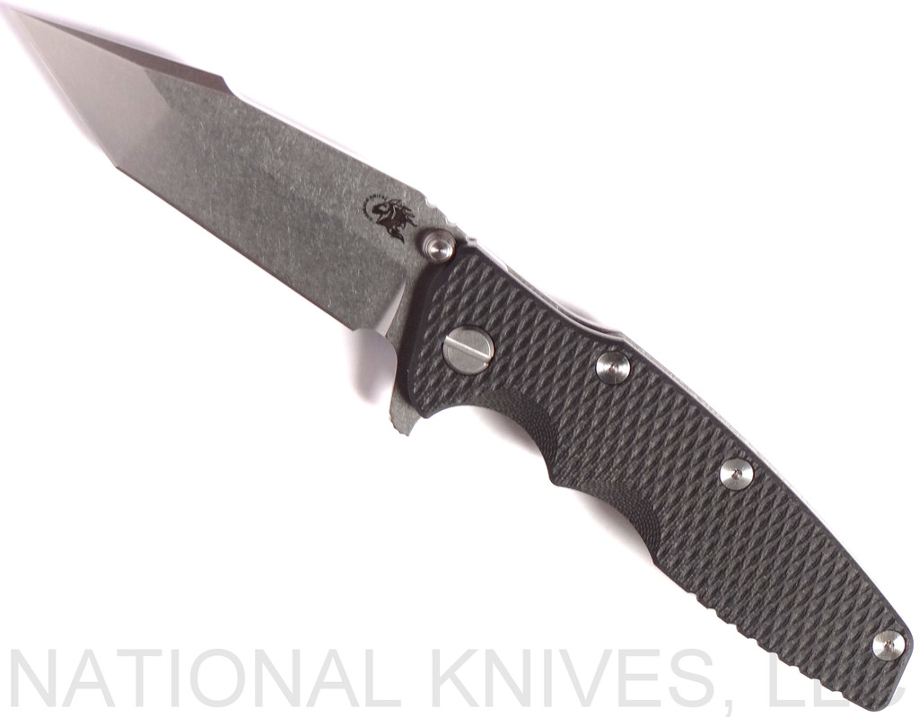 Rick Hinderer Knives Eklipse Harpoon Tanto folding knife with thumb stud and flipper tab - shown open presentation side.  Stonewash 20CV stainless steel plain edge blade.  Black G-10 handle with stonewash lock side.  Model K4054SGS00.