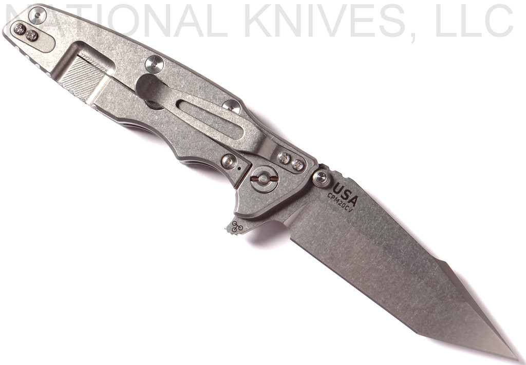 Rick Hinderer Knives Eklipse Harpoon Tanto folding knife with thumb stud and flipper tab - shown open lock side.  Stonewash 20CV stainless steel plain edge blade.  Black G-10 handle with stonewash lock side.  Model K4054SGS00.