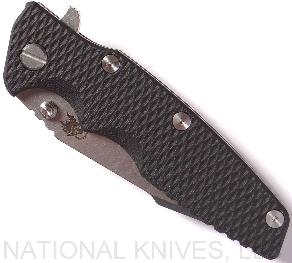Rick Hinderer Knives Eklipse Harpoon Tanto folding knife with thumb stud and flipper tab - shown closed presentation side.  Stonewash 20CV stainless steel plain edge blade.  Black G-10 handle with stonewash lock side.  Model K4054SGS00.
