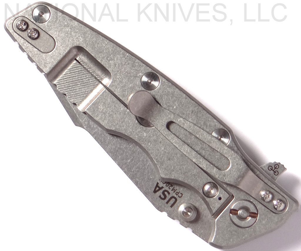 Rick Hinderer Knives Eklipse Harpoon Tanto folding knife with thumb stud and flipper tab - shown closed lock side.  Stonewash 20CV stainless steel plain edge blade.  Black G-10 handle with stonewash lock side.  Model K4054SGS00.