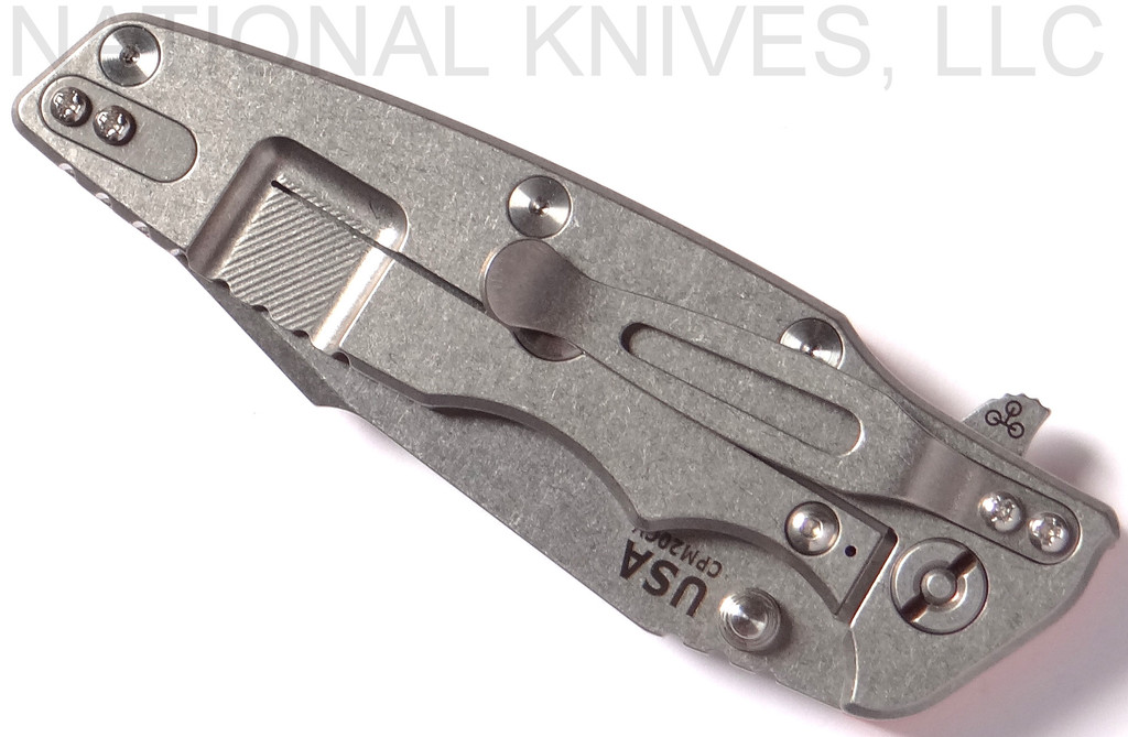 Rick Hinderer Knives Eklipse Harpoon Tanto folding knife with thumb stud and flipper tab - shown closed lock side.  Stonewash 20CV stainless steel plain edge blade.  Orange G-10 handle with stonewash lock side.  Model K4054SGS00.