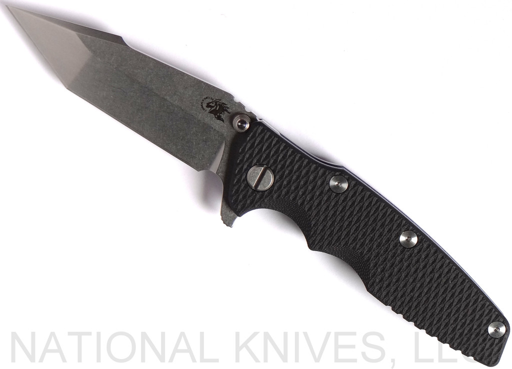 Rick Hinderer Knives Eklipse Harpoon Tanto folding knife with thumb stud and flipper tab - shown open presentation side.  Stonewash 20CV stainless steel plain edge blade.  Black G-10 handle with stonewash blue lock side.  Model K4054SGS00.