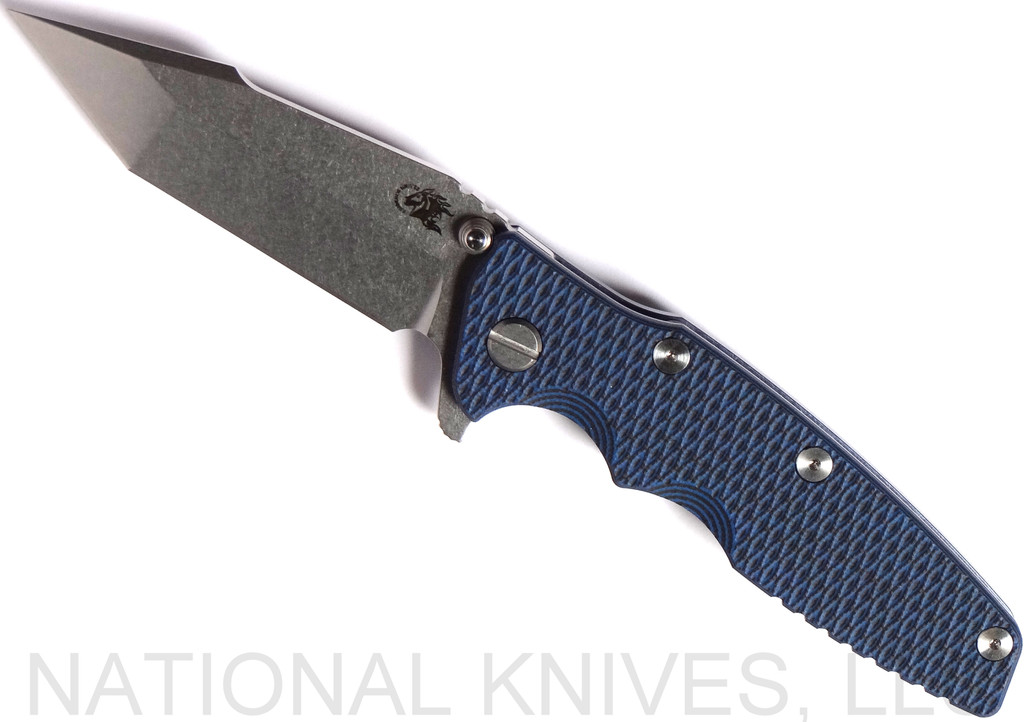 Rick Hinderer Knives Eklipse Harpoon Tanto folding knife with thumb stud and flipper tab - shown open presentation side.  Stonewash 20CV stainless steel plain edge blade.  Blue - black G-10 handle with stonewash blue lock side.  Model K4054SGS00.