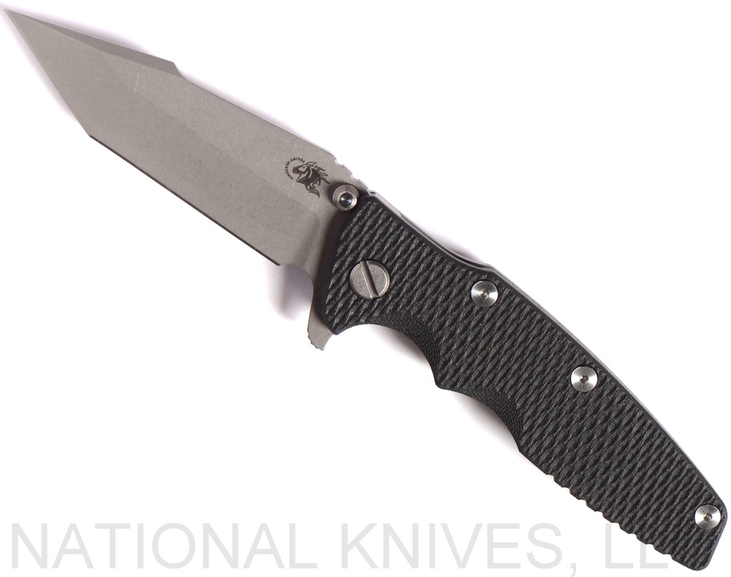 Rick Hinderer Knives Eklipse Harpoon Tanto folding knife with thumb stud and flipper tab - shown open presentation side.  Working Finish 20CV stainless steel plain edge blade.  Black G-10 handle with Working Finish lock side.  Model K4054SGW00.