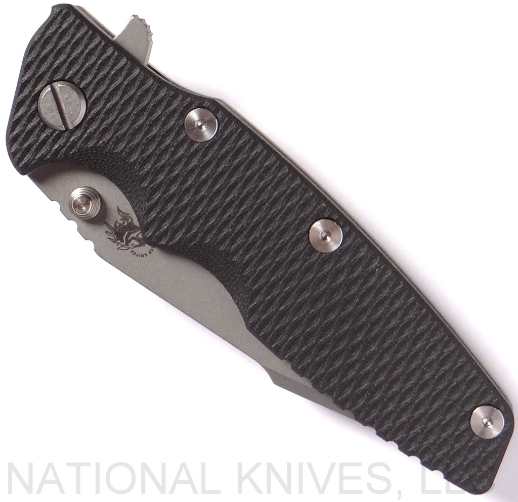 Rick Hinderer Knives Eklipse Harpoon Tanto folding knife with thumb stud and flipper tab - shown closed presentation side.  Working Finish 20CV stainless steel plain edge blade.  Black G-10 handle with Working Finish lock side.  Model K4054SGW00.