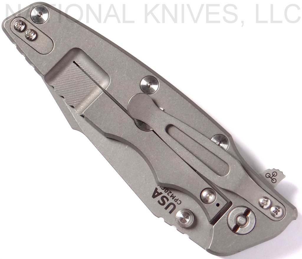 Rick Hinderer Knives Eklipse Harpoon Tanto folding knife with thumb stud and flipper tab - shown closed lock side.  Working Finish 20CV stainless steel plain edge blade.  Black G-10 handle with Working Finish lock side.  Model K4054SGW00.