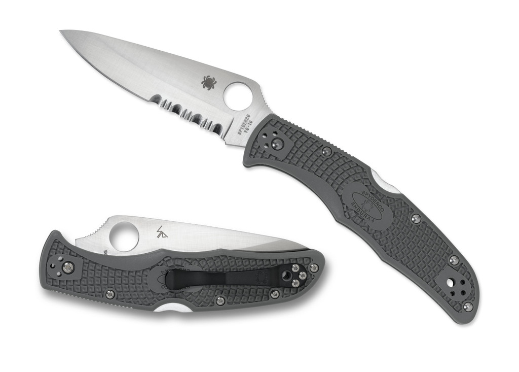 Spyderco Endura 4 folding knife with thumb hole - shown open presentation side and closed pocket clip side.  Satin VG-10 stainless steel combo edge blade.  Foliage Green FRN handle.  Model C10PSFG.
