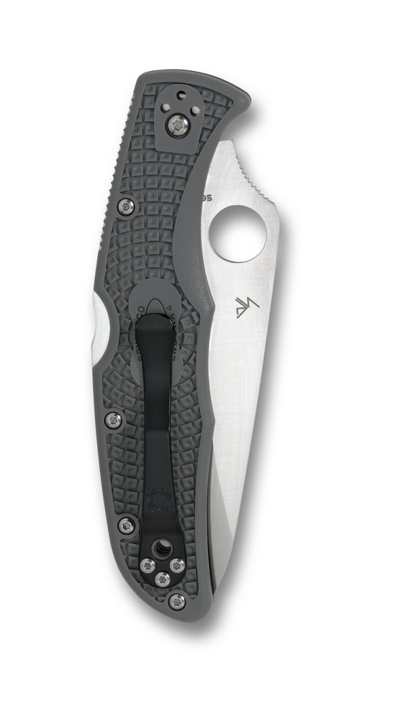 Spyderco Endura 4 folding knife with thumb hole - shown closed pocket clip side.  Satin VG-10 stainless steel combo edge blade.  Foliage Green FRN handle.  Model C10PSFG.
