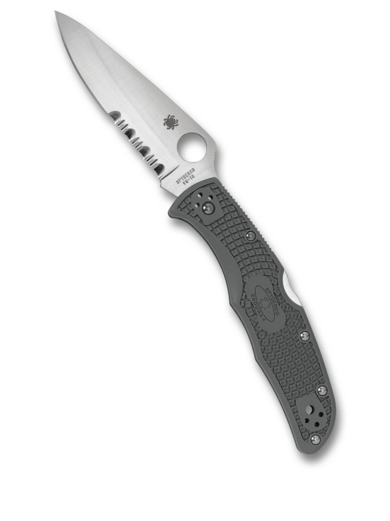Spyderco Endura 4 folding knife with thumb hole - shown open presentation side.  Satin VG-10 stainless steel combo edge blade.  Foliage Green FRN handle.  Model C10PSFG.