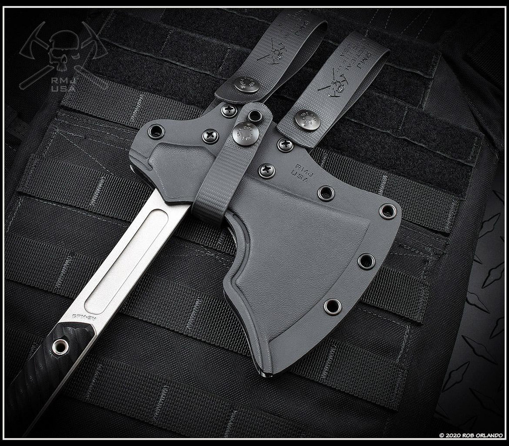 REFERENCE ONLY - RMJ Tactical 3V SYNDICATE Raven Tomahawk, 3.45" Forward Edge CPM-3V Savage Stainless Cerakote Finish, Black G-10 Handle