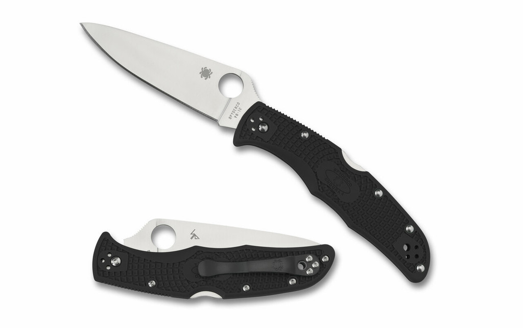 Spyderco Endura 4 folding knife with thumb hole - shown open presentation side and closed pocket clip side.  Satin VG-10 stainless steel plain edge blade.  Black FRN handle.  Model C10FPBK.