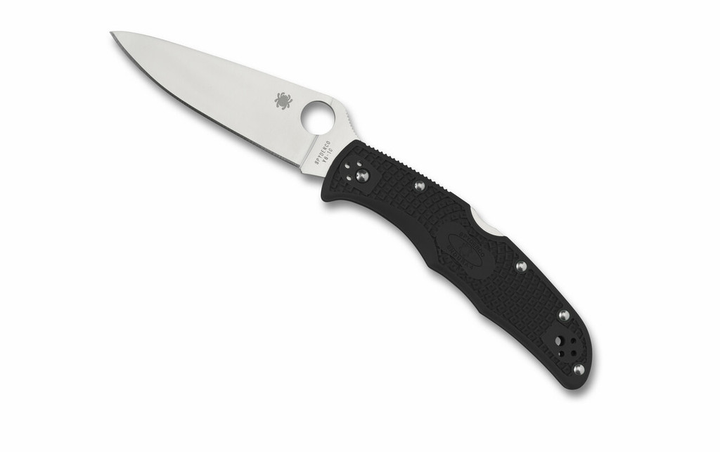 Spyderco Endura 4 folding knife with thumb hole - shown open presentation side.  Satin VG-10 stainless steel plain edge blade.  Black FRN handle.  Model C10FPBK.