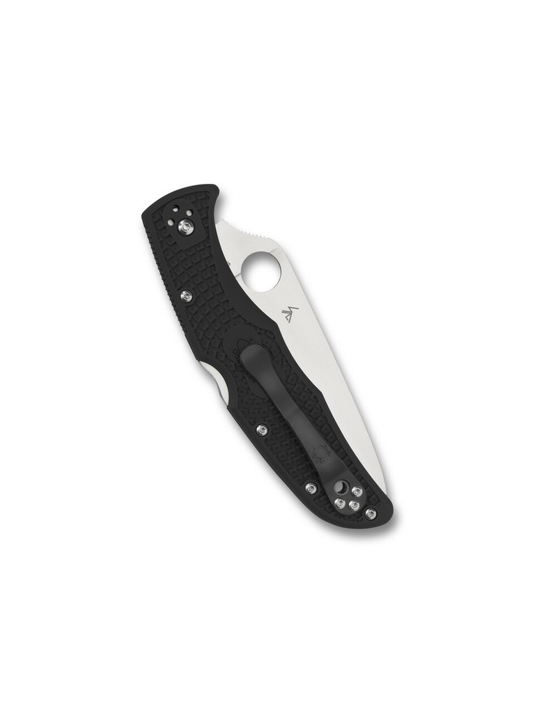 Spyderco Endura 4 folding knife with thumb hole - shown closed pocket clip side.  Satin VG-10 stainless steel plain edge blade.  Black FRN handle.  Model C10FPBK.