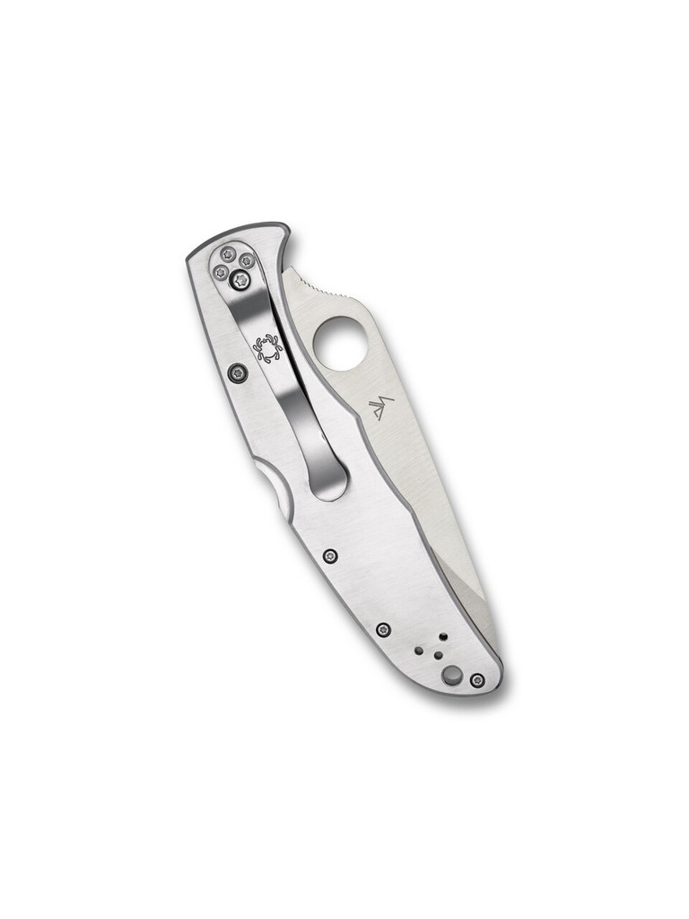 Spyderco Endura 4 folding knife with thumb hole - shown closed pocket clip side.  Satin VG-10 stainless steel combo edge blade.  Stainless steel handle.  Model C10PS.