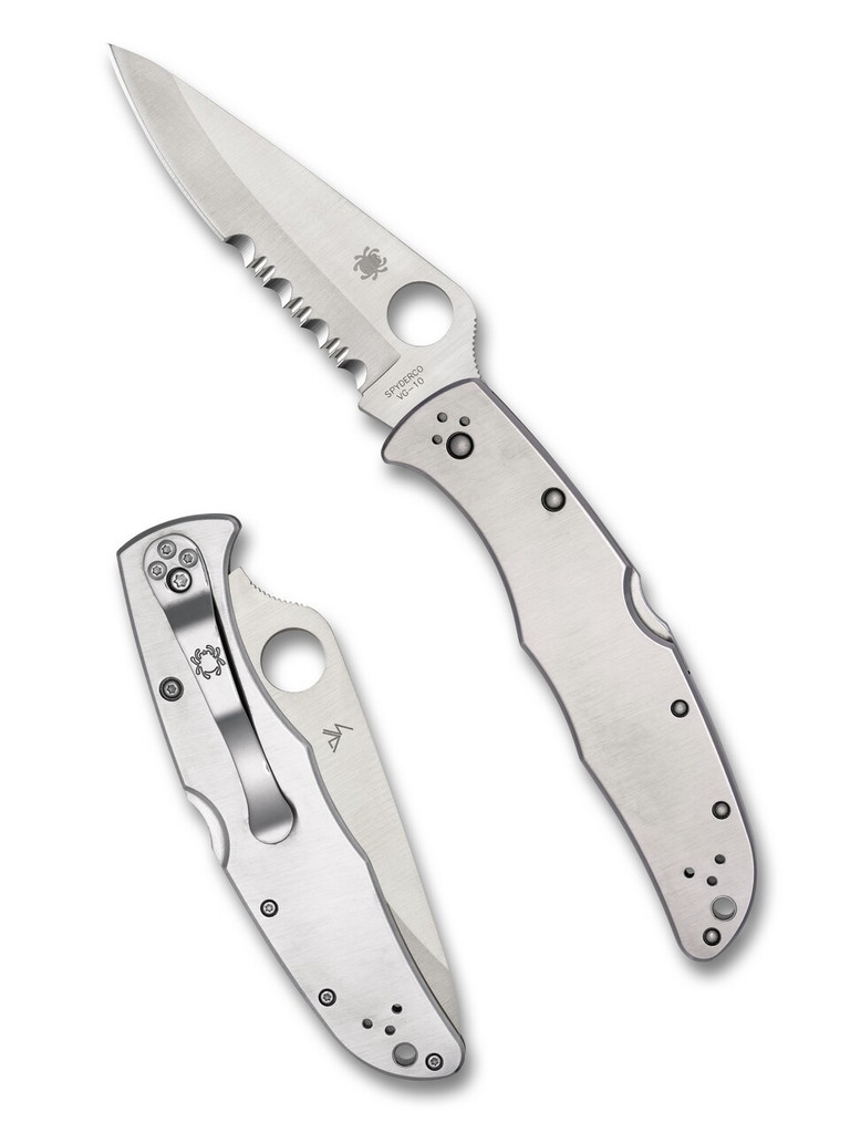 Spyderco Endura 4 folding knife with thumb hole - shown open presentation side and closed pocket clip side.  Satin VG-10 stainless steel combo edge blade.  Stainless steel handle.  Model C10PS.