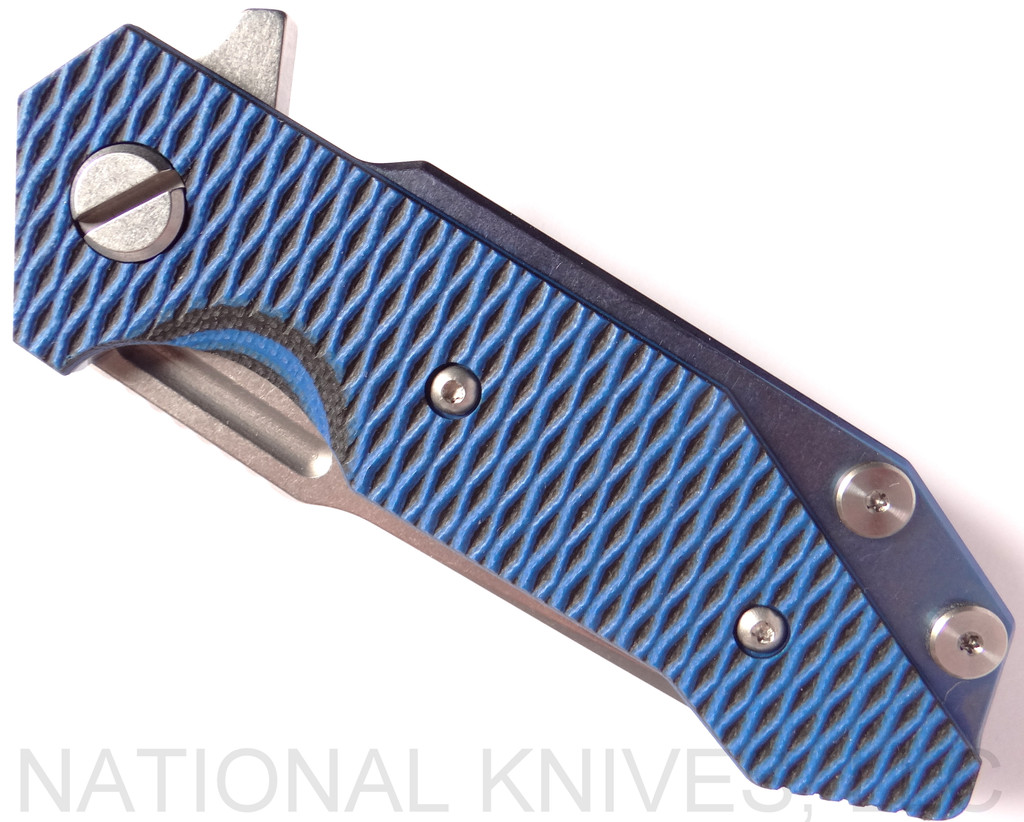 Rick Hinderer Knives Half Track folding knife with flipper tab - shown closed presentation side.  Stonewash 20CV stainless steel plain edge blade.  Blue - black G-10 handle with stonewash blue titanium lock side.  Model K2009SGS00.
