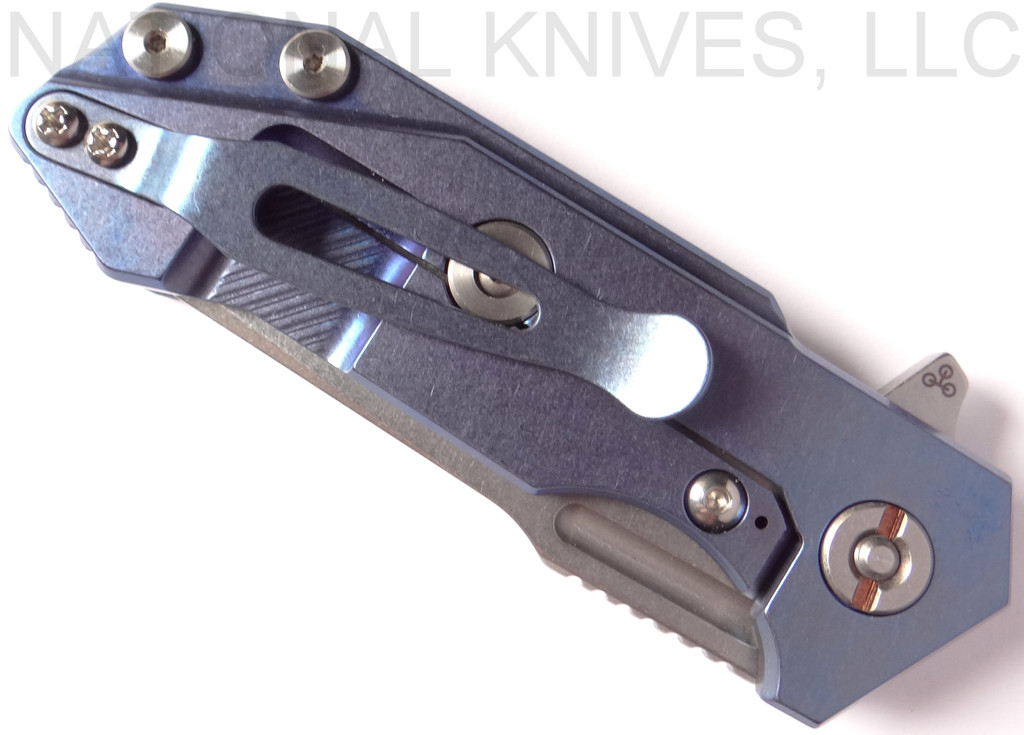 Rick Hinderer Knives Half Track folding knife with flipper tab - shown closed lock side.  Stonewash 20CV stainless steel plain edge blade.  Blue - black G-10 handle with stonewash blue titanium lock side.  Model K2009SGS00.
