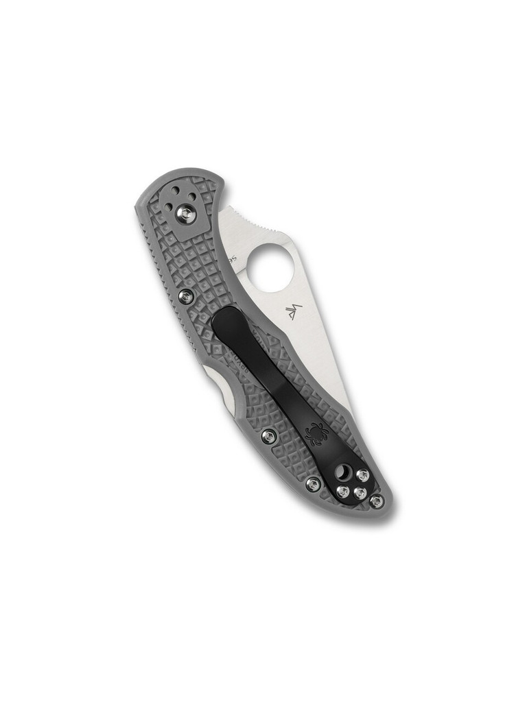 Spyderco Delica 4 folding knife with thumb hole - shown closed pocket clip side.  Satin VG-10 stainless steel plain edge blade.  Gray FRN handle.  Model C11FPGY.