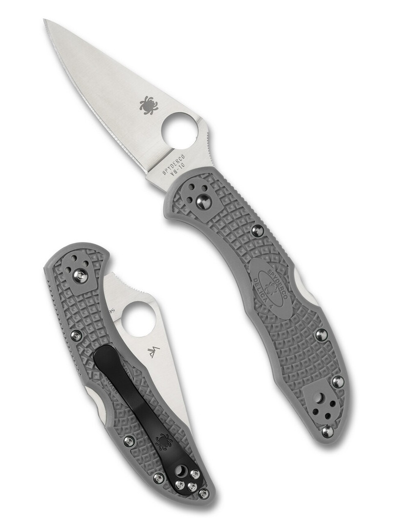 Spyderco Delica 4 folding knife with thumb hole - shown open presentation side and closed pocket clip side.  Satin VG-10 stainless steel plain edge blade.  Gray FRN handle.  Model C11FPGY.
