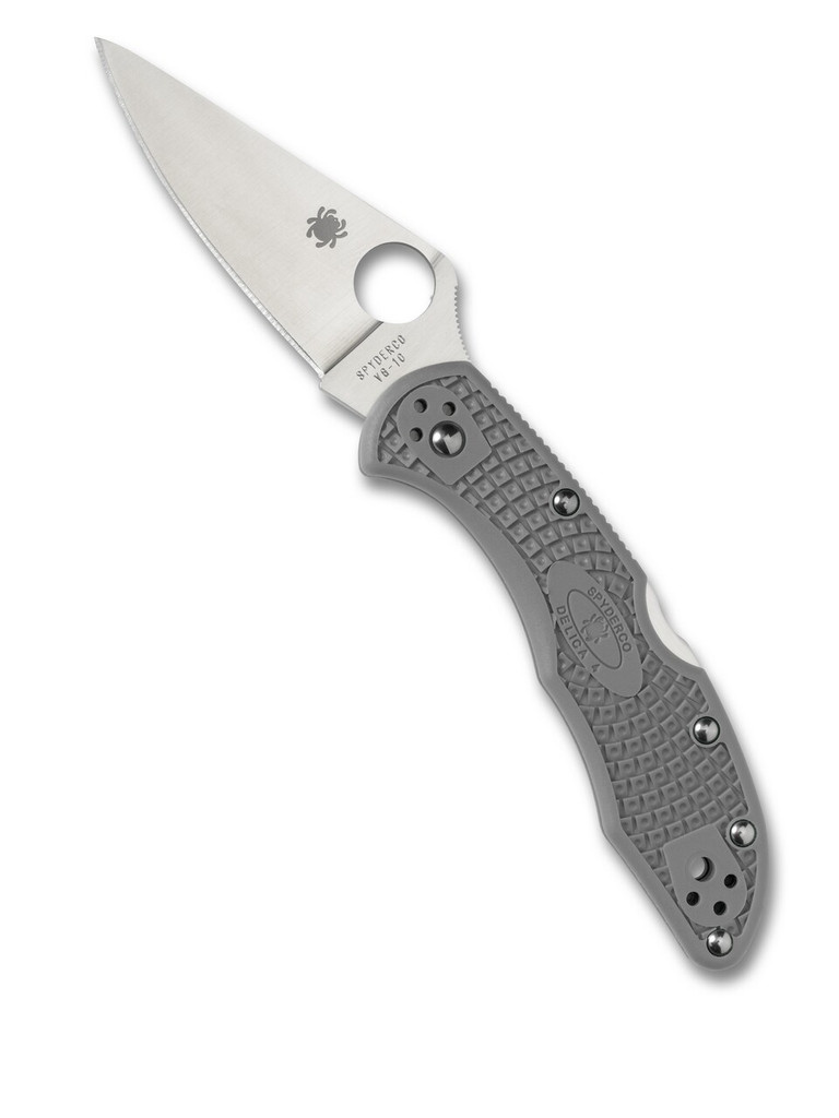 Spyderco Delica 4 folding knife with thumb hole - shown open presentation side.  Satin VG-10 stainless steel plain edge blade.  Gray FRN handle.  Model C11FPGY.