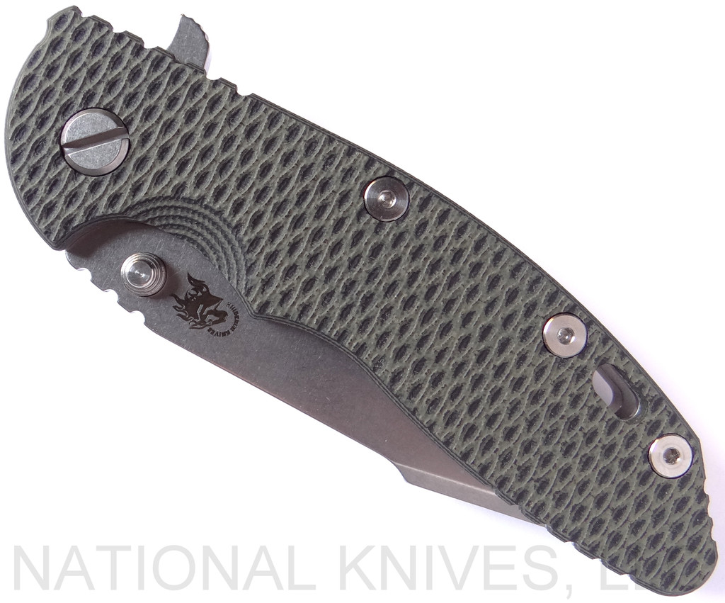 Rick Hinderer Knives XM-18 Harpoon Spanto Folding Knife, Stonewashed 3.5" Plain Edge CPM-20CV Blade, Stonewashed Lockside, OD Green - Black G-10 Handle - Tri-Way Pivot