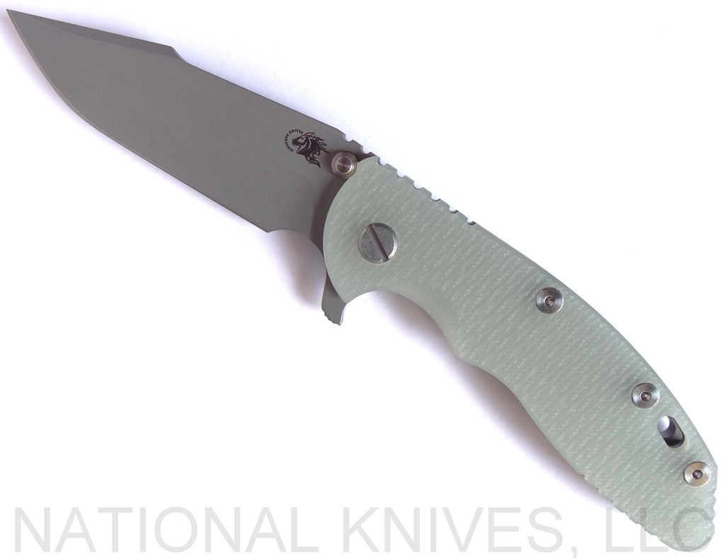 Rick Hinderer Knives XM-18 3.5" Harpoon Spanto folding knife with thumb stud and flipper tab - shown open presentation side.  Working Finish 20CV stainless steel plain edge blade.  Translucent Green G-10 handle with Working Finish lock side.  Model K2552SGS00.