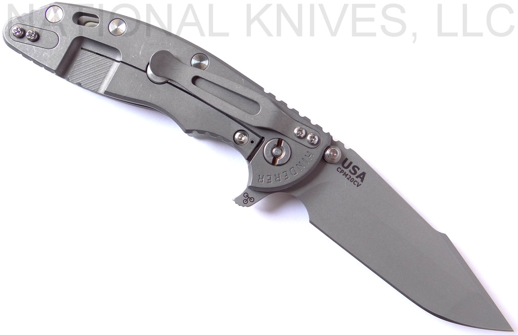 Rick Hinderer Knives XM-18 3.5" Harpoon Spanto folding knife with thumb stud and flipper tab - shown open lock side.  Working Finish 20CV stainless steel plain edge blade.  Translucent Green G-10 handle with Working Finish lock side.  Model K2552SGS00.