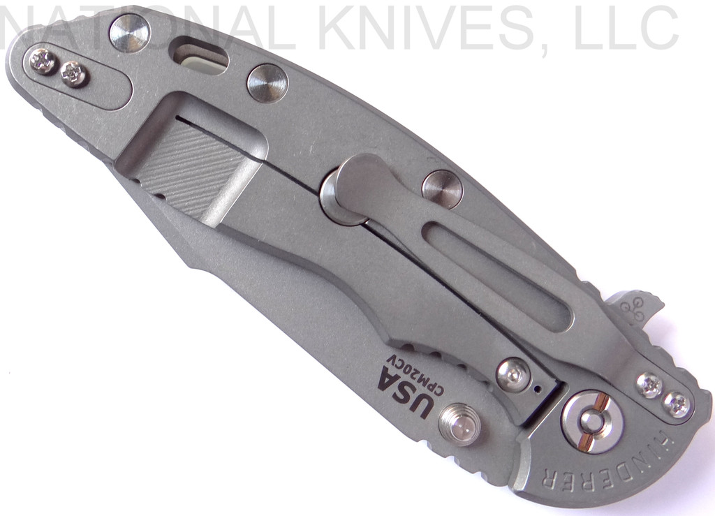 Rick Hinderer Knives XM-18 3.5" Harpoon Spanto folding knife with thumb stud and flipper tab - shown closed lock side.  Working Finish 20CV stainless steel plain edge blade.  Translucent Green G-10 handle with Working Finish lock side.  Model K2552SGS00.