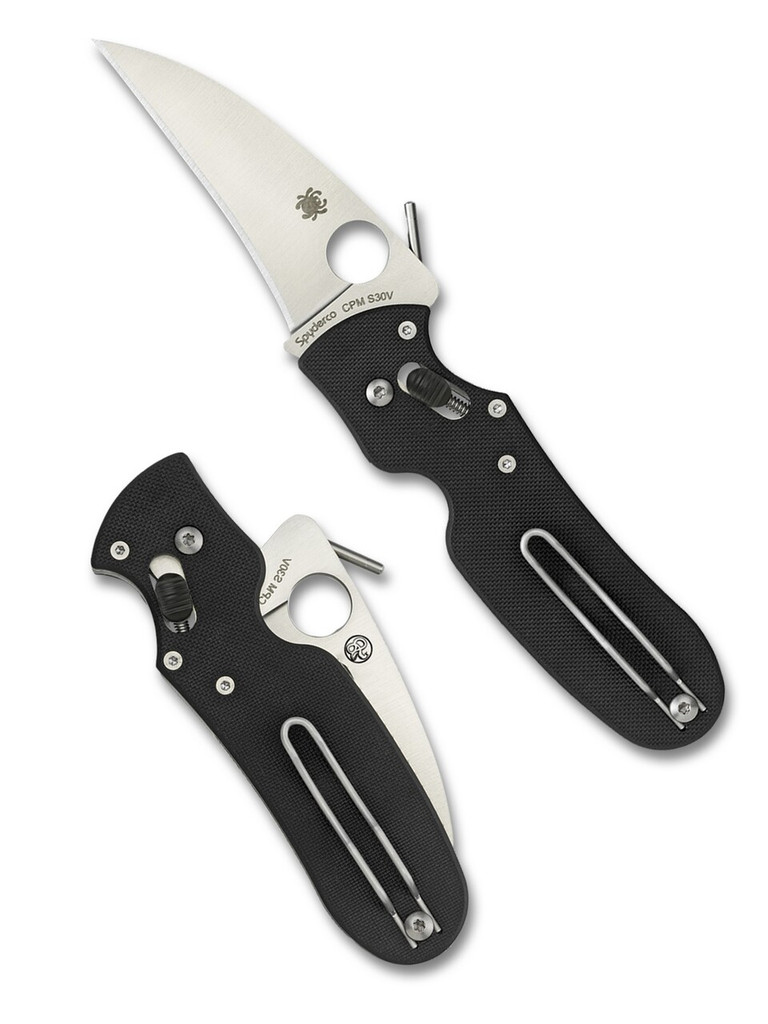 Spyderco P'Kal folding knife with thumb hole and Emerson wave opener - shown open presentation side and closed pocket clip side.  Satin S30V stainless steel plain edge blade.  Black G-10 handle.  Model C103GP.