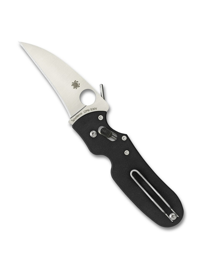 Spyderco P'Kal folding knife with thumb hole and Emerson wave opener - shown open presentation side.  Satin S30V stainless steel plain edge blade.  Black G-10 handle.  Model C103GP.