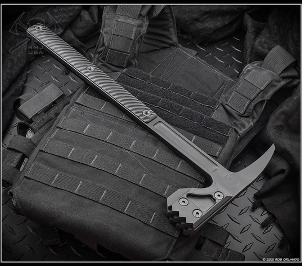 RMJ Tactical Snuggles 18" tactical hammer - shown obverse.  Graphite Black Cerakote 80CRV2 steel head.  Black G-10 handle.