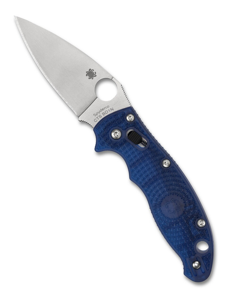 Spyderco Manix 2 Lightweight folding knife with thumb hole - shown open presentation side.  CTS-BD1N stainless steel plain edge blade.  Blue FRCP handle.  Model C101PBL2.