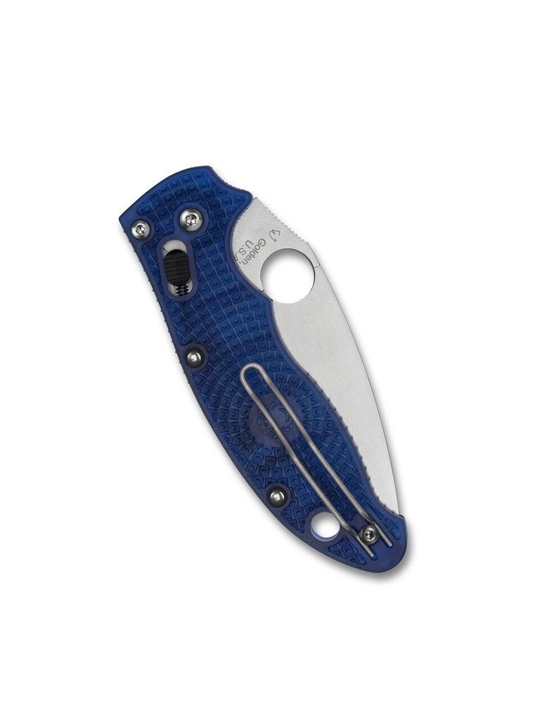 Spyderco Manix 2 Lightweight folding knife with thumb hole - shown closed pocket clip side.  CTS-BD1N stainless steel plain edge blade.  Blue FRCP handle.  Model C101PBL2.