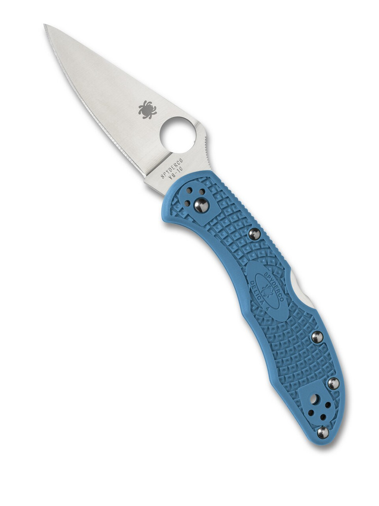 Spyderco Delica 4 folding knife with thumb hole - shown open presentation side.  Satin VG-10 stainless steel plain edge blade.  Blue FRN handle.  Model C11FPBL.