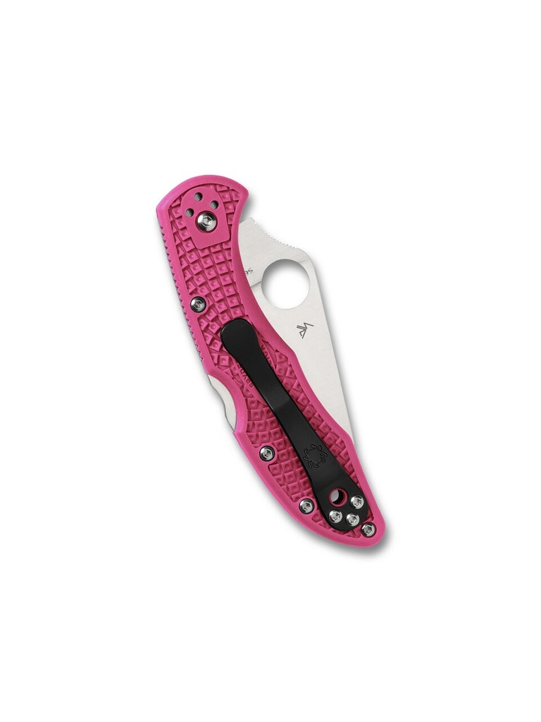 Spyderco Delica 4 folding knife with thumb hole - shown closed pocket clip side.  Satin S30V stainless steel plain edge blade.  Pink FRN handle.  Model C11FPPNS30V.