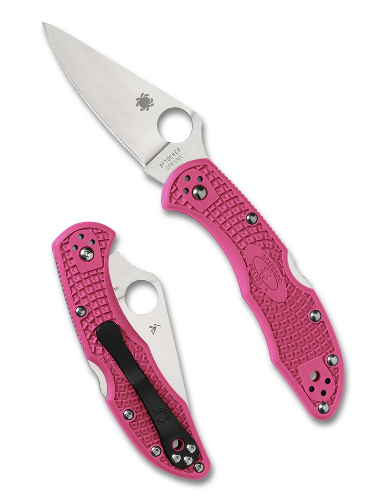 Spyderco Delica 4 folding knife with thumb hole - shown open presentation side and closed pocket clip side.  Satin S30V stainless steel plain edge blade.  Pink FRN handle.  Model C11FPPNS30V.