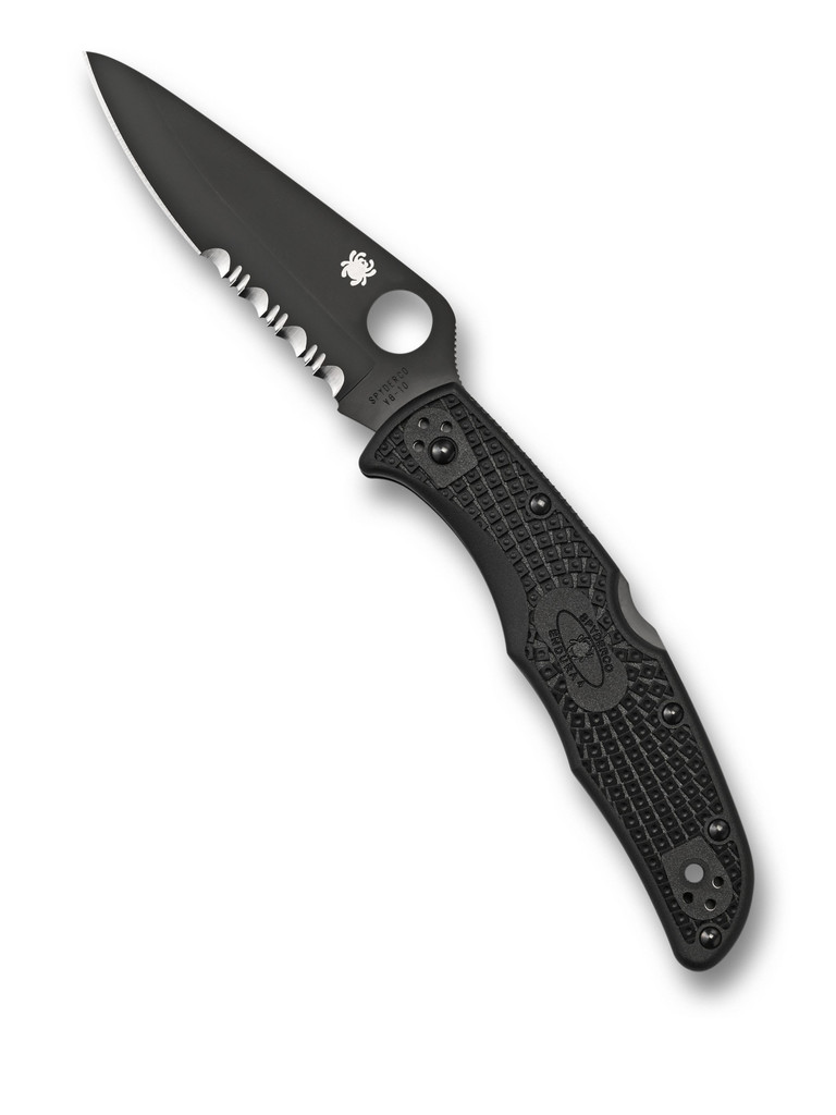 Spyderco Endura 4 folding knife with thumb hole - shown open presentation side.  Black VG-10 stainless steel combo edge blade.  Black FRN handle.  Model C10PSBBK.
