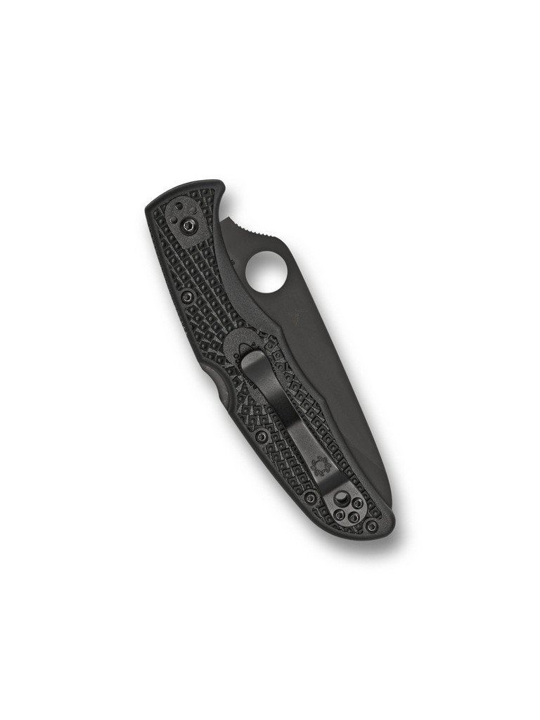 Spyderco Endura 4 folding knife with thumb hole - shown closed pocket clip side.  Black VG-10 stainless steel combo edge blade.  Black FRN handle.  Model C10PSBBK.
