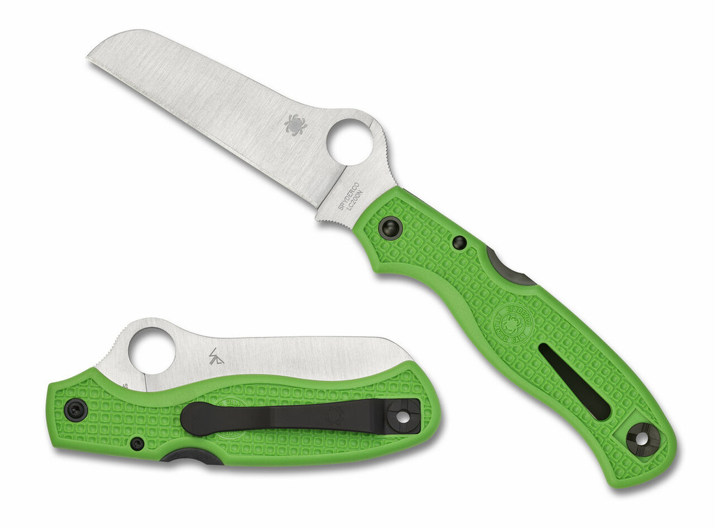 Spyderco Atlantic Salt folding knife with thumb hole - shown open presentation side and closed pocket clip side.  Satin LC200N stainless steel plain edge blade.  Green FRN handle. Model C89FPGR.
For reference only.