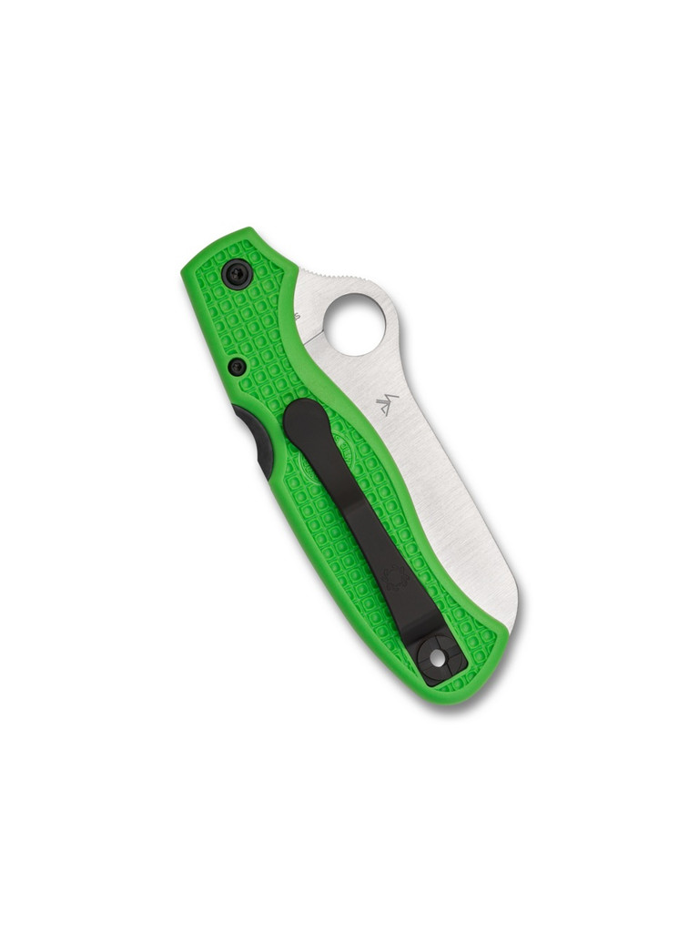 Spyderco Atlantic Salt folding knife with thumb hole - shown closed pocket clip side.  Satin LC200N stainless steel plain edge blade.  Green FRN handle. Model C89FPGR.
For reference only.