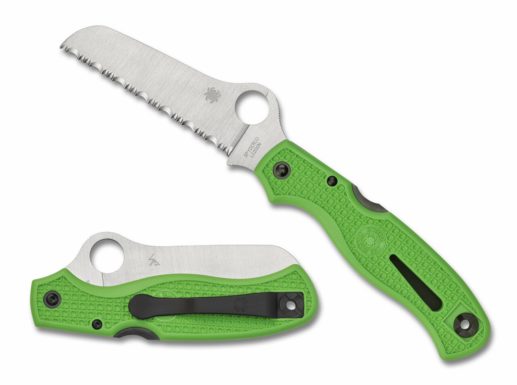 Spyderco Atlantic Salt folding knife with thumb hole - shown open presentation side and closed pocket clip side.  Satin LC200N stainless steel serrated edge blade.  Green FRN handle. Model C89FSGR.
For reference only.