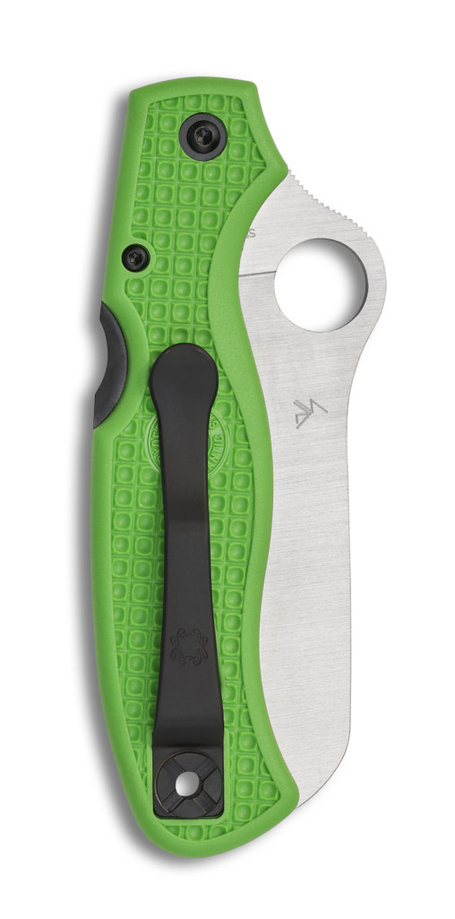 Spyderco Atlantic Salt folding knife with thumb hole - shown closed pocket clip side.  Satin LC200N stainless steel serrated edge blade.  Green FRN handle. Model C89FSGR.
For reference only.