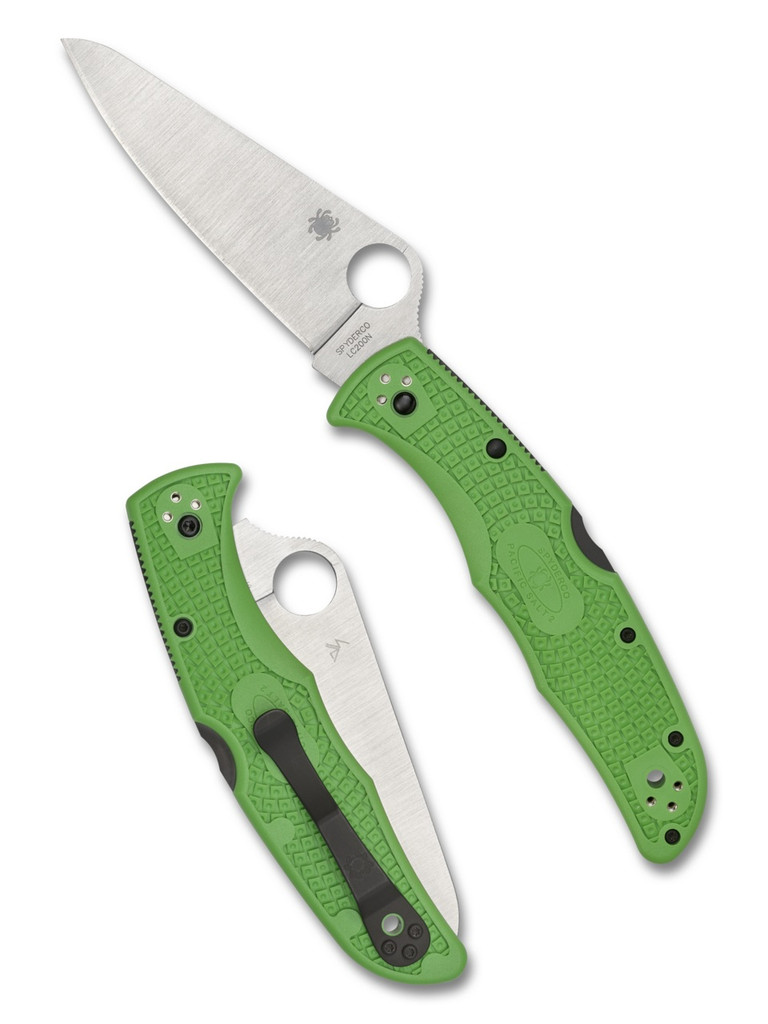 Spyderco Pacific Salt 2 folding knife with thumb hole - shown open presentation side and closed pocket clip side.  Satin LC200N stainless steel plain edge blade.  Green FRN handle.  Model C91FPGR2.