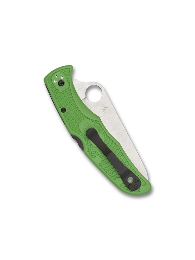 Spyderco Pacific Salt 2 folding knife with thumb hole - shown closed pocket clip side.  Satin LC200N stainless steel serrated edge blade.  Green FRN handle.  Model C91FSGR2.