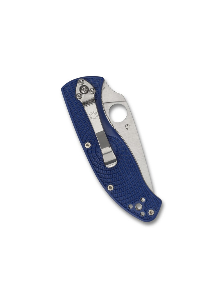 Spyderco Tenacious folding knife with thumb hole - shown closed pocket clip side.  Satin S35VN stainless steel combo edge blade.  Blue FRN handle.  Model C122PSBL.
