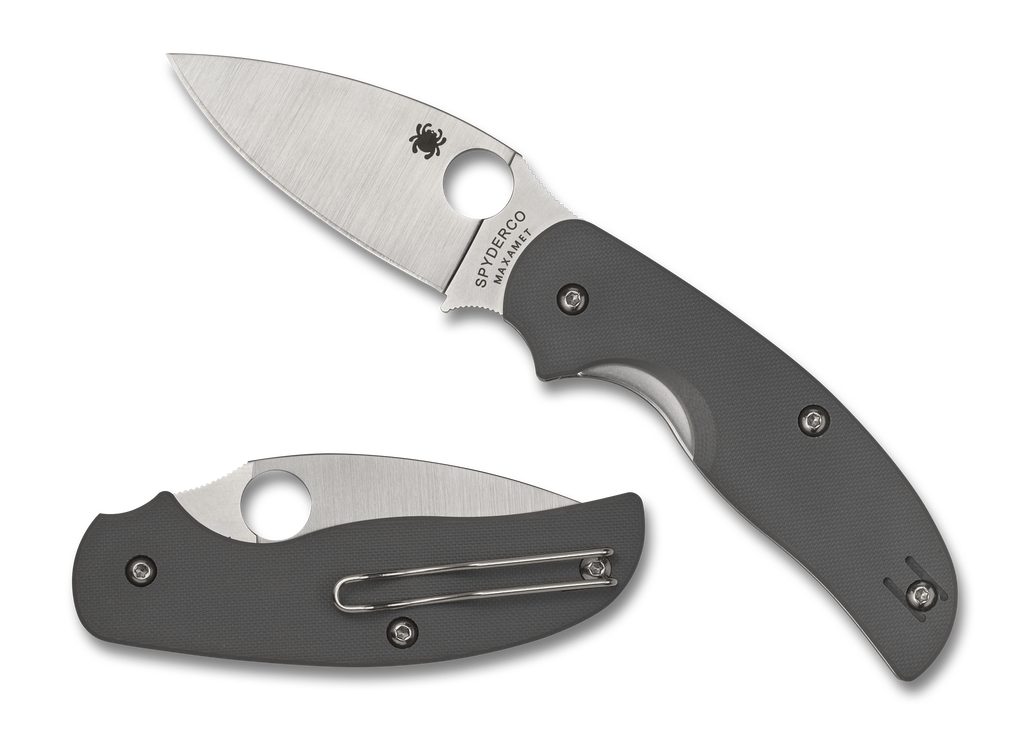 Spyderco Sage 1 folding knife with thumb hole - shown open presentation side and closed pocket clip side.  Maxamet steel plain edge blade.  Gray G-10 handle.  Model C123GPGY.
