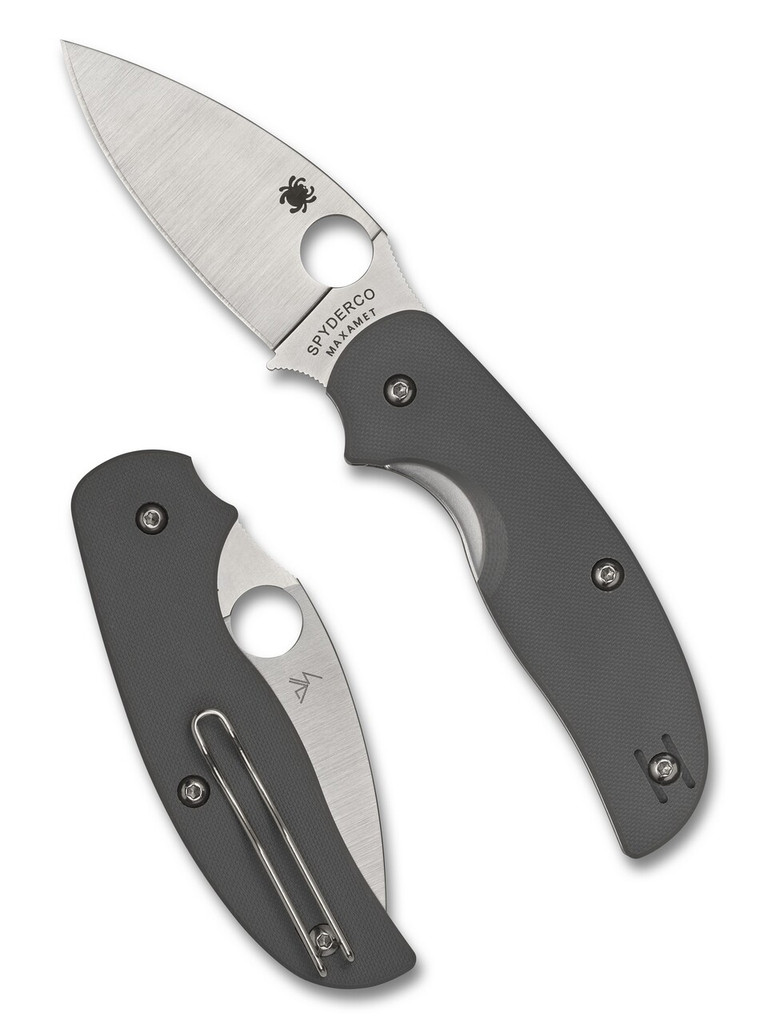 Spyderco Sage 1 folding knife with thumb hole - shown open presentation side and closed pocket clip side.  Maxamet steel plain edge blade.  Gray G-10 handle.  Model C123GPGY.