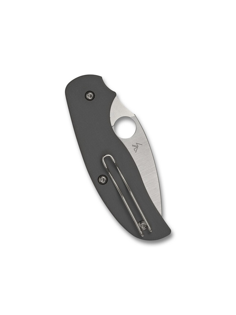 Spyderco Sage 1 folding knife with thumb hole - shown closed pocket clip side.  Maxamet steel plain edge blade.  Gray G-10 handle.  Model C123GPGY.
